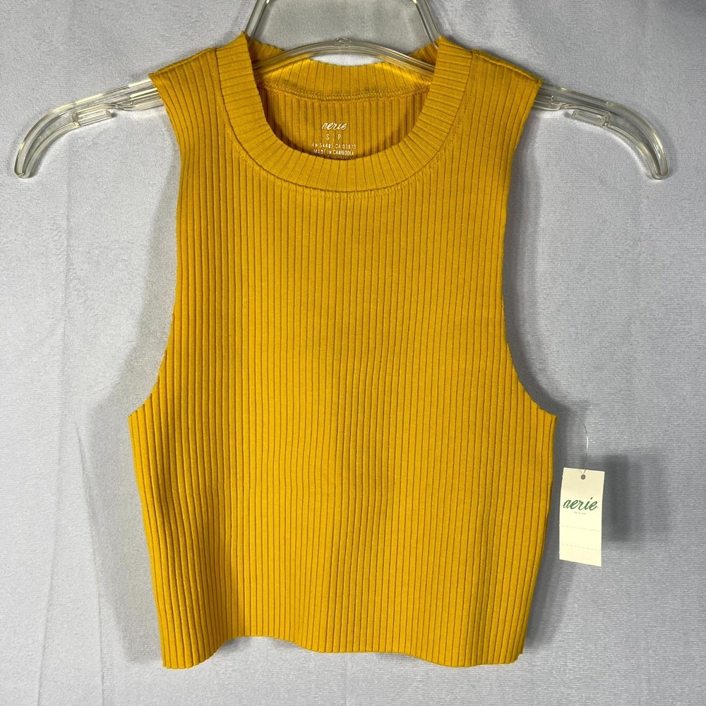 Aerie High Neck Ribbed Tank Top Yellow Size S NEW